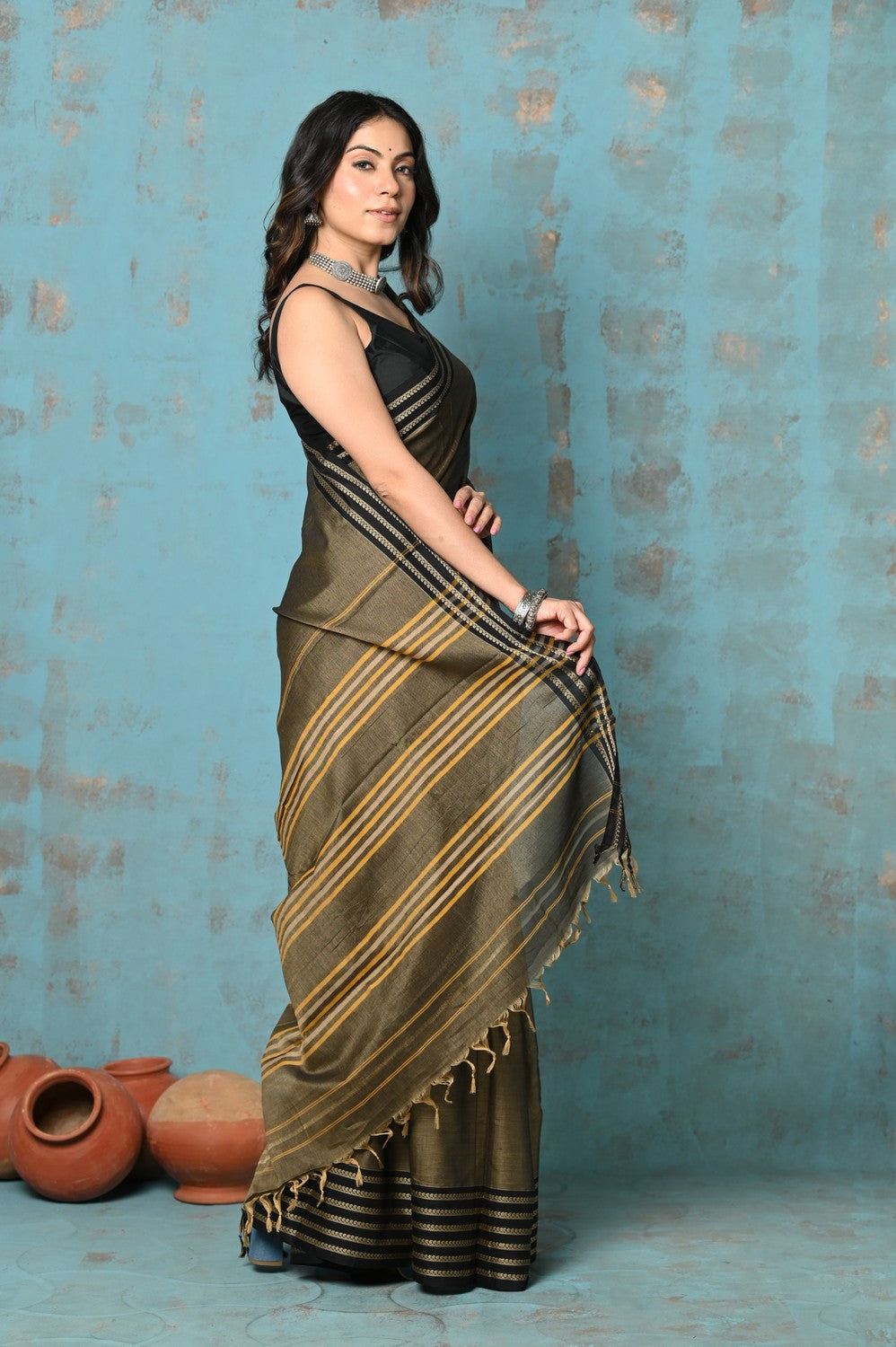 Very Much Indian Tyohaar - Cotton Saree With Border - Copper | Grocsy
