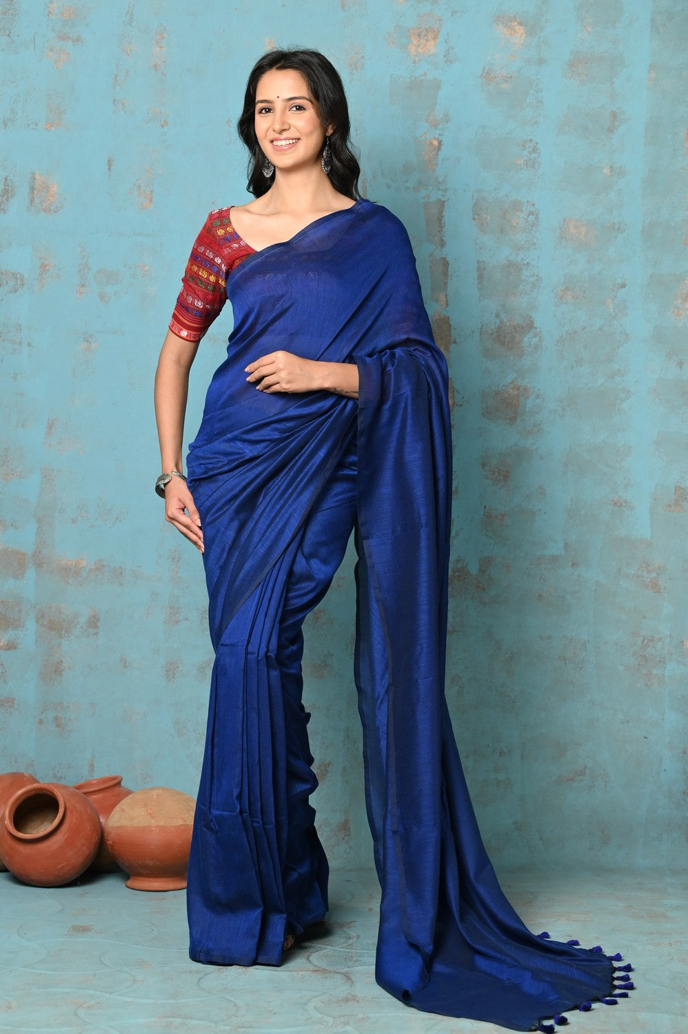 Very Much Indian Tyohaar - Mul Cotton Handloom Woven Saree - Navy Blue | Grocsy
