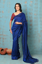 Very Much Indian Tyohaar - Mul Cotton Handloom Woven Saree - Navy Blue | Grocsy