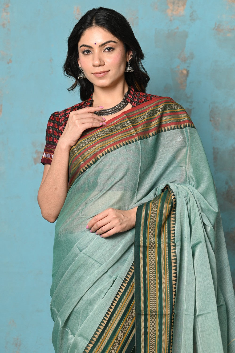 Very Much Indian Tyohaar - Cotton Saree With Ganga Jamuna Border - Sea Green | Grocsy