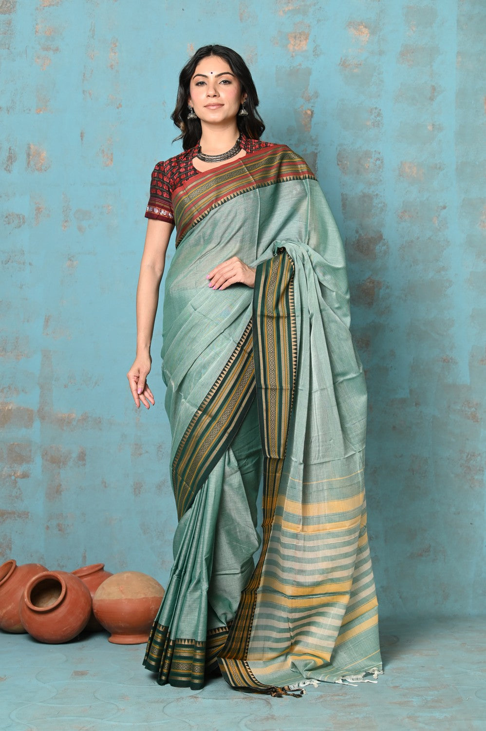 Very Much Indian Tyohaar - Cotton Saree With Ganga Jamuna Border - Sea Green | Grocsy