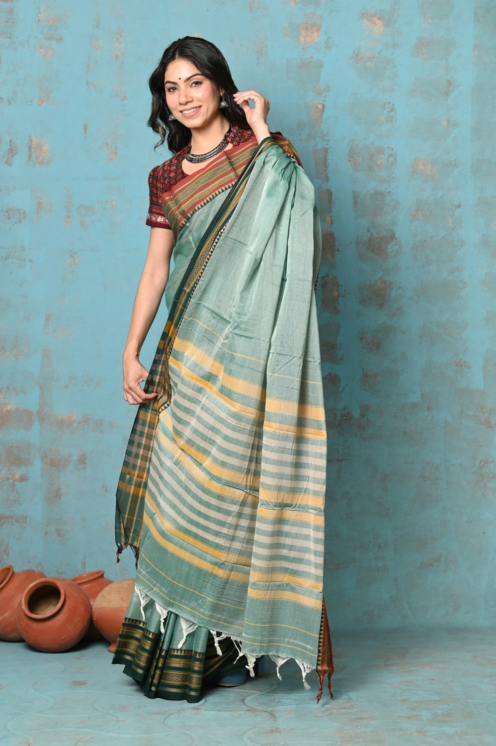 Very Much Indian Tyohaar - Cotton Saree With Ganga Jamuna Border - Sea Green | Grocsy
