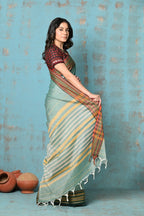 Very Much Indian Tyohaar - Cotton Saree With Ganga Jamuna Border - Sea Green | Grocsy