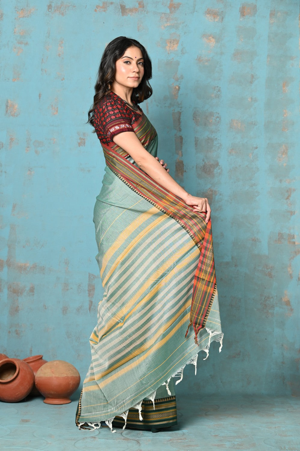 Very Much Indian Tyohaar - Cotton Saree With Ganga Jamuna Border - Sea Green | Grocsy