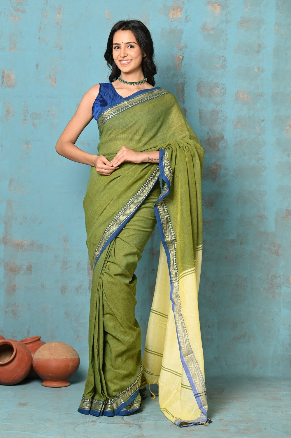 Very Much Indian Tyohaar - Pure Mul Cotton Handloom Saree - Mehendi Green | Grocsy