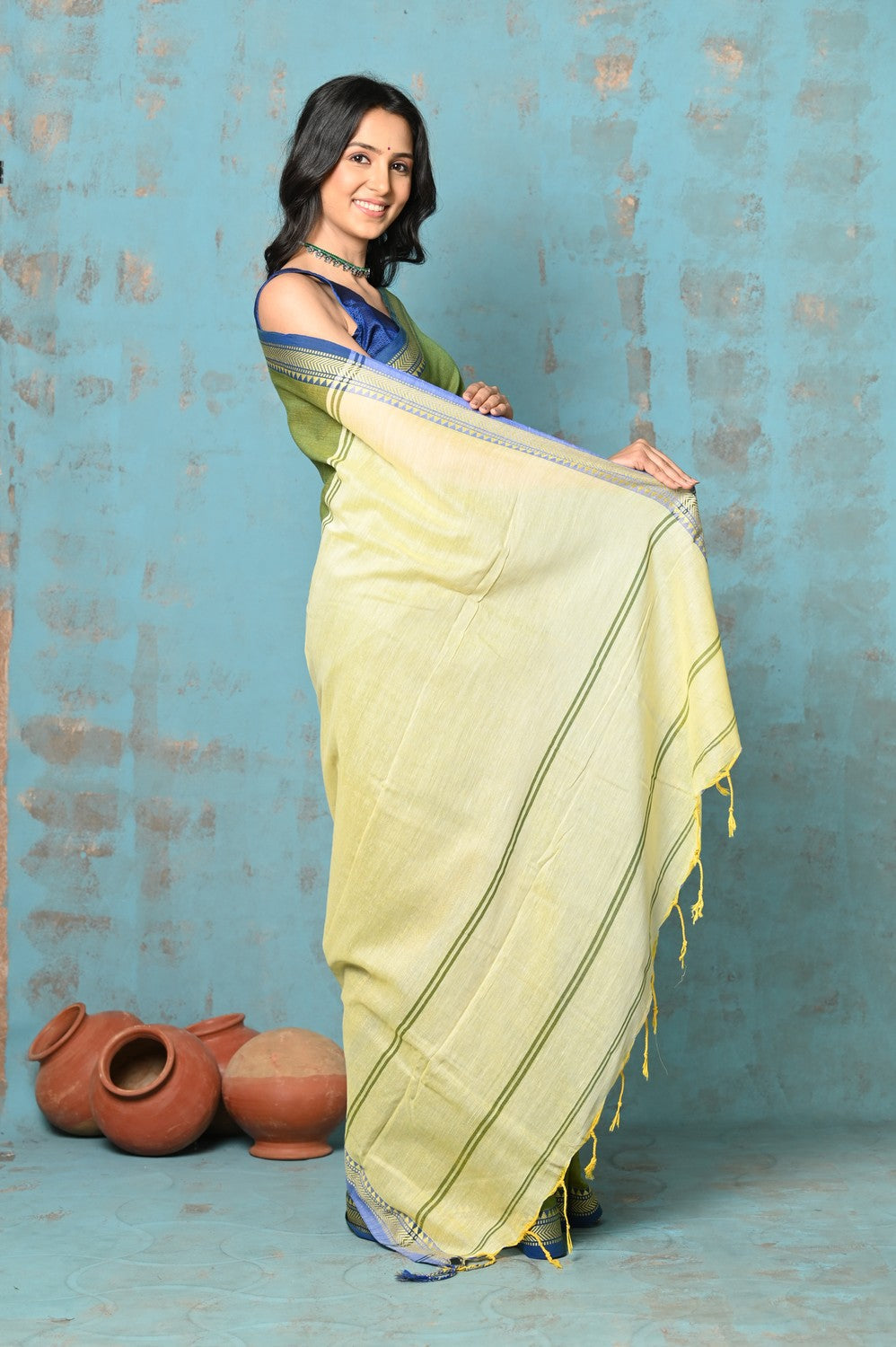 Very Much Indian Tyohaar - Pure Mul Cotton Handloom Saree - Mehendi Green | Grocsy