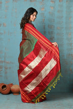 Very Much Indian Tyohaar - Traditional Handloom Dual Tone Green Red Ilkal Cotton Viscose with Red Pure Silk Pallu | Grocsy