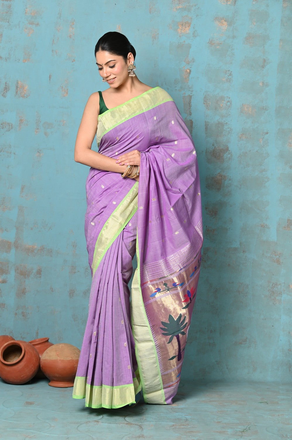 Very Much Indian Tyohaar - Exclusive! Handloom Pure Cotton Paithani in Most Traditional Lilac with Pichwai Pallu | Grocsy