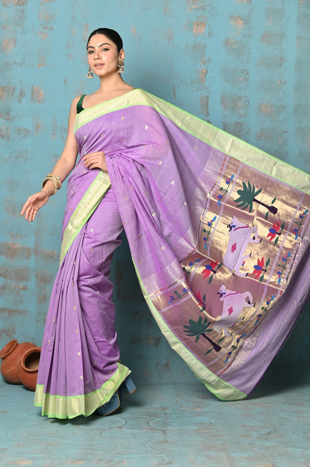 Very Much Indian Tyohaar - Exclusive! Handloom Pure Cotton Paithani in Most Traditional Lilac with Pichwai Pallu | Grocsy