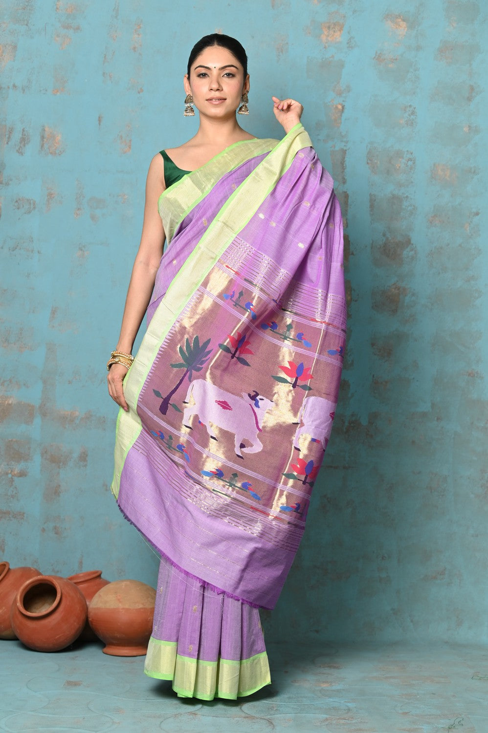 Very Much Indian Tyohaar - Exclusive! Handloom Pure Cotton Paithani in Most Traditional Lilac with Pichwai Pallu | Grocsy