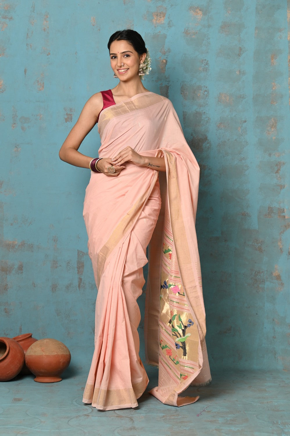 Very Much Indian Tyohaar - Handloom Pure Cotton Paithani With Lotus Pallu - Peach | Grocsy