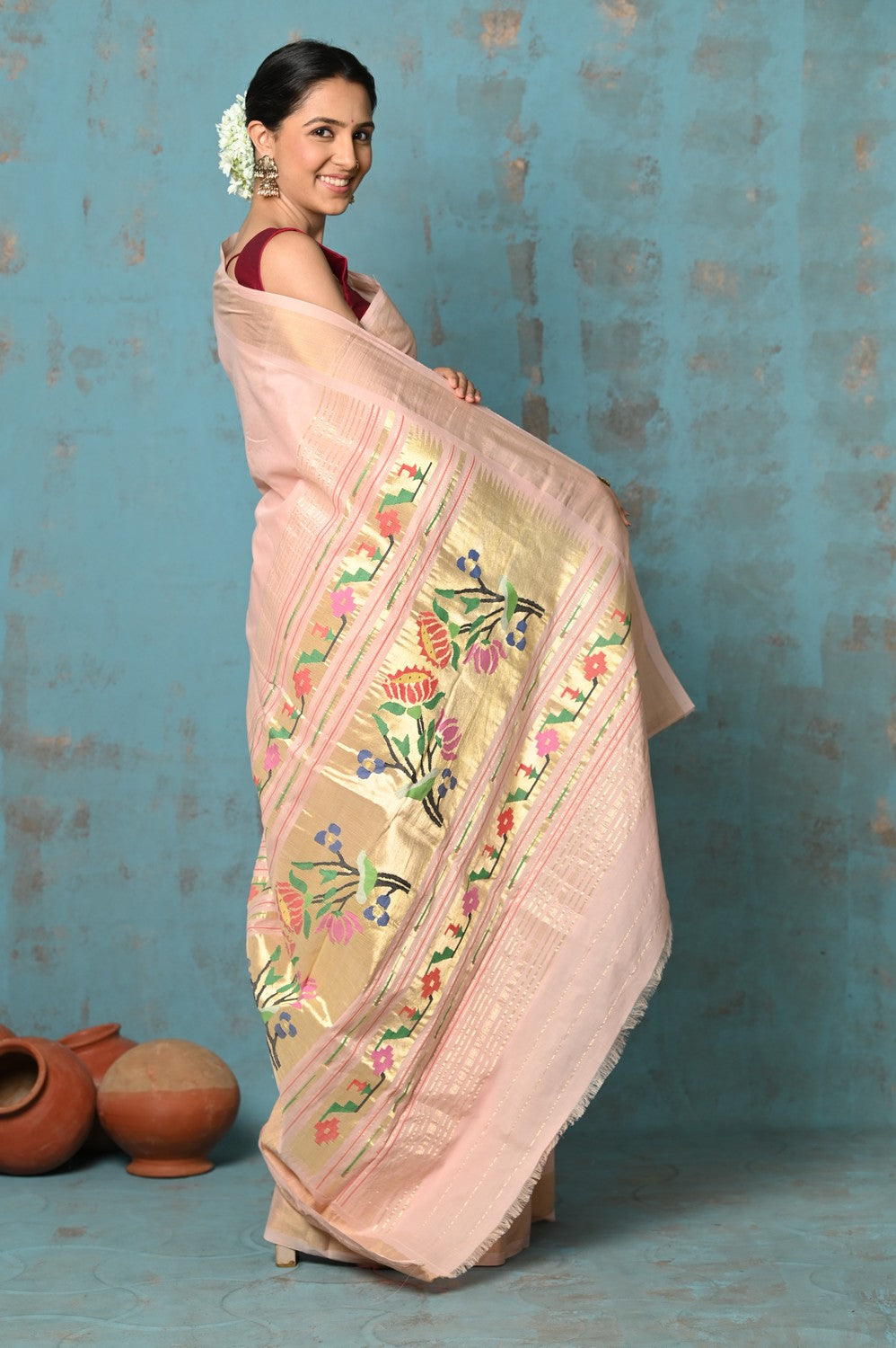 Very Much Indian Tyohaar - Handloom Pure Cotton Paithani With Lotus Pallu - Peach | Grocsy