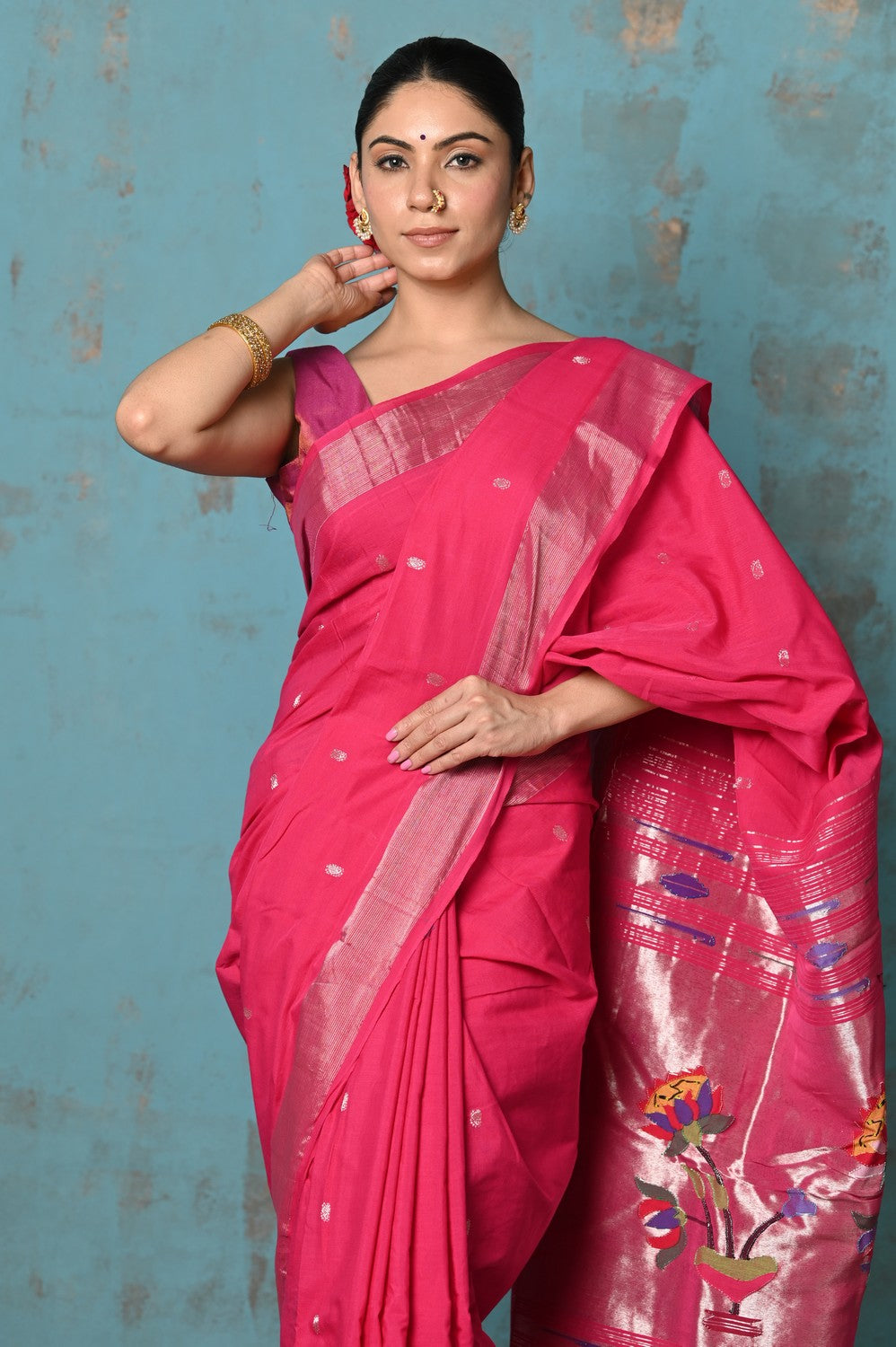 Very Much Indian Tyohaar - Handloom Pure Cotton Paithani With Lotus Pallu - Blush Pink | Grocsy