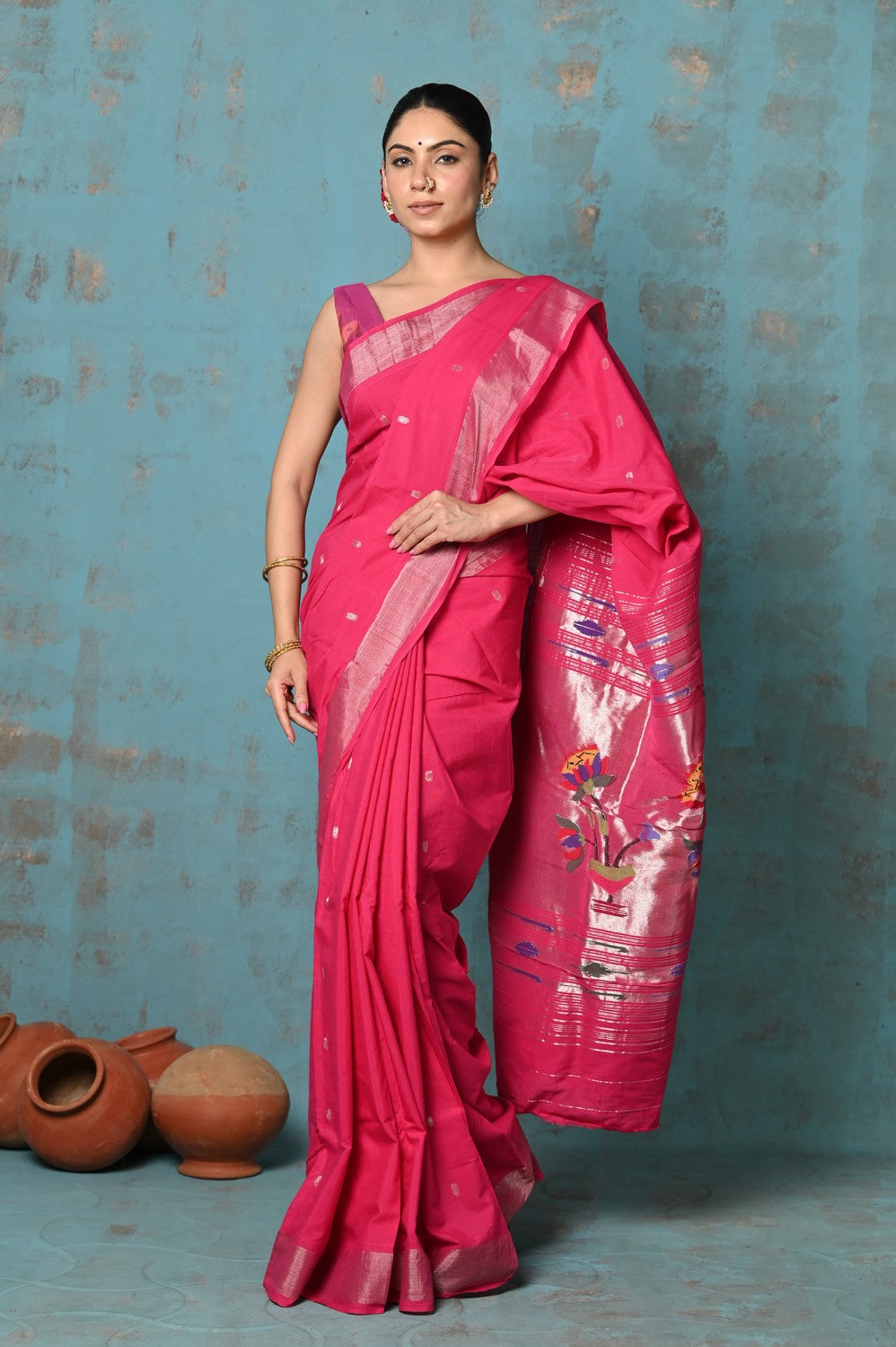 Very Much Indian Tyohaar - Handloom Pure Cotton Paithani With Lotus Pallu - Blush Pink | Grocsy