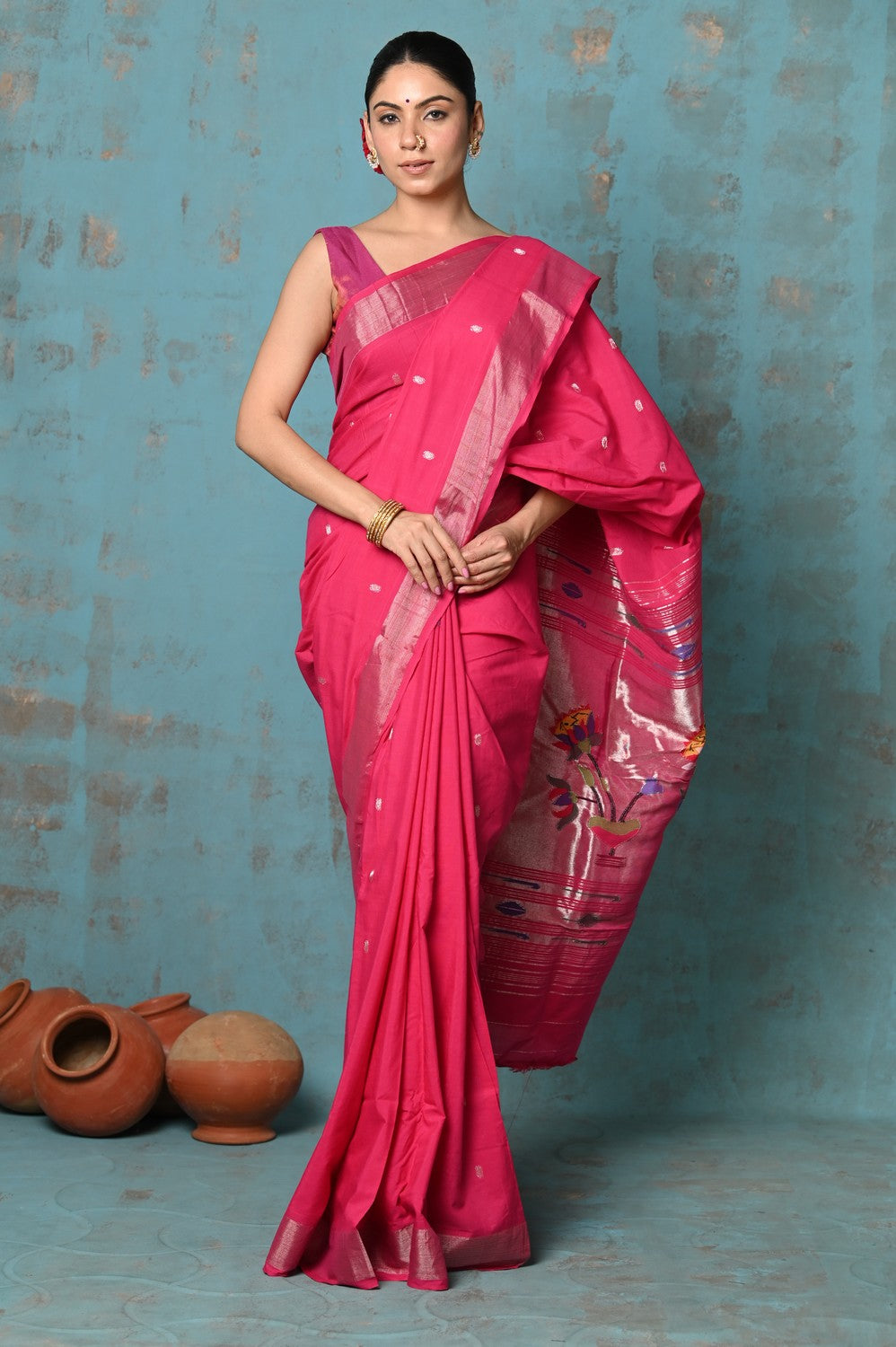 Very Much Indian Tyohaar - Handloom Pure Cotton Paithani With Lotus Pallu - Blush Pink | Grocsy