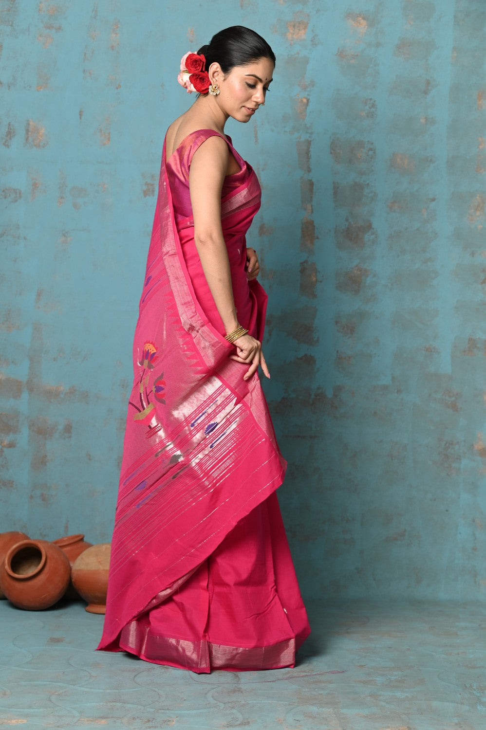Very Much Indian Tyohaar - Handloom Pure Cotton Paithani With Lotus Pallu - Blush Pink | Grocsy