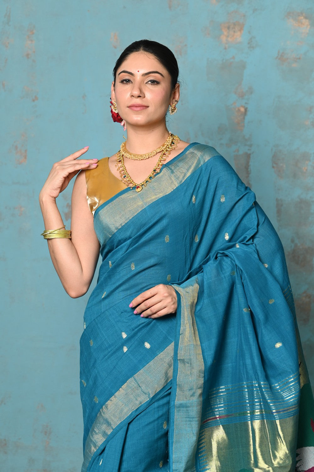 Very Much Indian Tyohaar - Handloom Pure Cotton Paithani With Swan Pallu - Carolina Blue | Grocsy