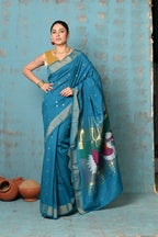 Very Much Indian Tyohaar - Handloom Pure Cotton Paithani With Swan Pallu - Carolina Blue | Grocsy