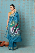 Very Much Indian Tyohaar - Handloom Pure Cotton Paithani With Swan Pallu - Carolina Blue | Grocsy
