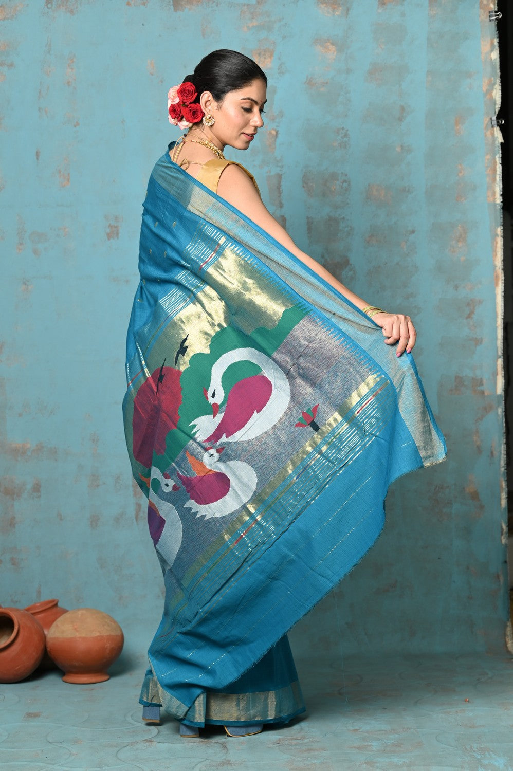 Very Much Indian Tyohaar - Handloom Pure Cotton Paithani With Swan Pallu - Carolina Blue | Grocsy