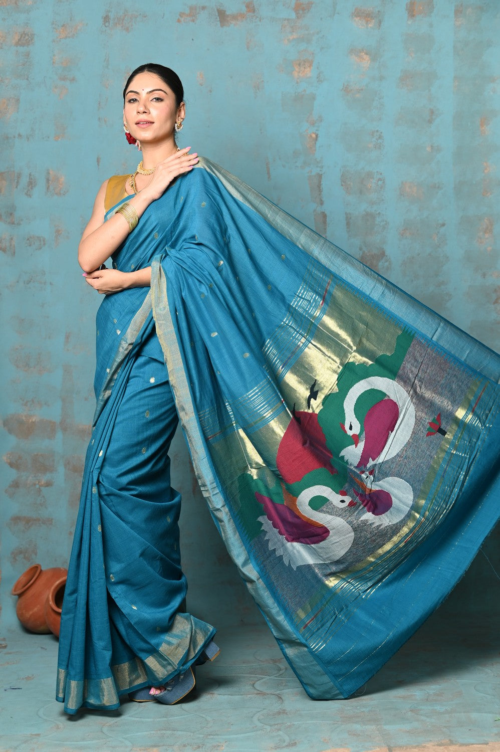 Very Much Indian Tyohaar - Handloom Pure Cotton Paithani With Swan Pallu - Carolina Blue | Grocsy