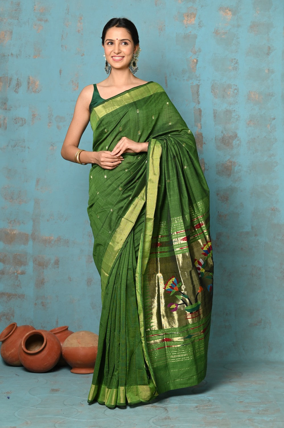 Very Much Indian Tyohaar - Handloom Pure Cotton Paithani With Lotus Pallu - Leaf Green | Grocsy