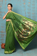 Very Much Indian Tyohaar - Handloom Pure Cotton Paithani With Lotus Pallu - Leaf Green | Grocsy