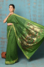 Very Much Indian Tyohaar - Handloom Pure Cotton Paithani With Lotus Pallu - Leaf Green | Grocsy