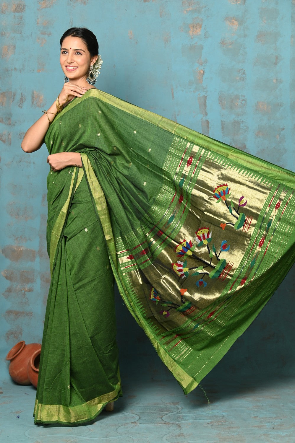 Very Much Indian Tyohaar - Handloom Pure Cotton Paithani With Lotus Pallu - Leaf Green | Grocsy