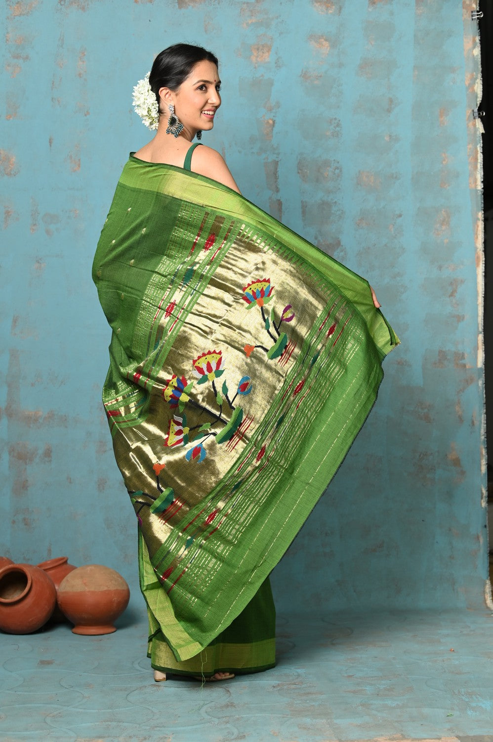 Very Much Indian Tyohaar - Handloom Pure Cotton Paithani With Lotus Pallu - Leaf Green | Grocsy