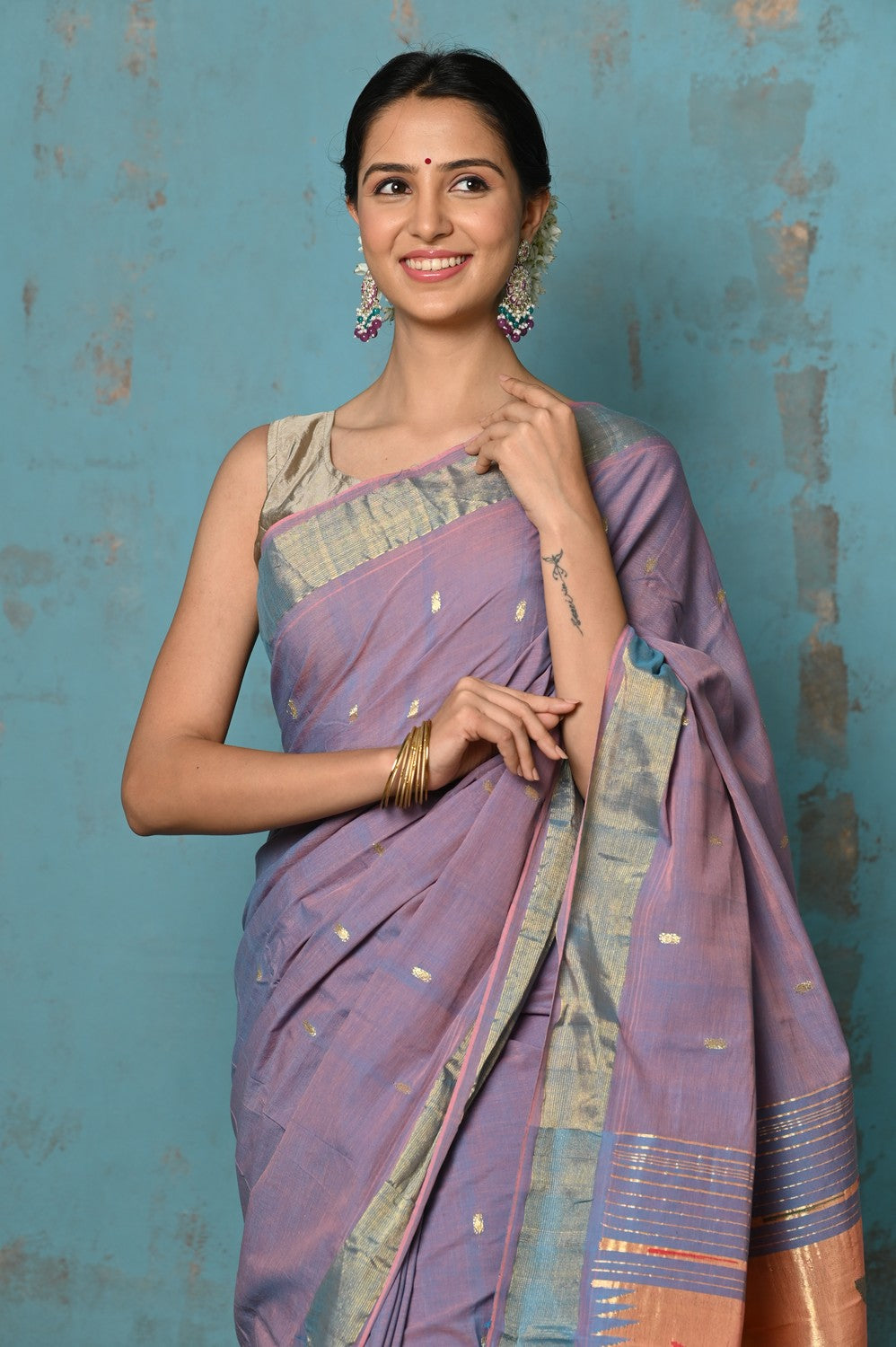 Very Much Indian Tyohaar - Handloom Pure Cotton Paithani With Parrot Peacock Pallu- Dual Tone Sky Blue & Purple | Grocsy