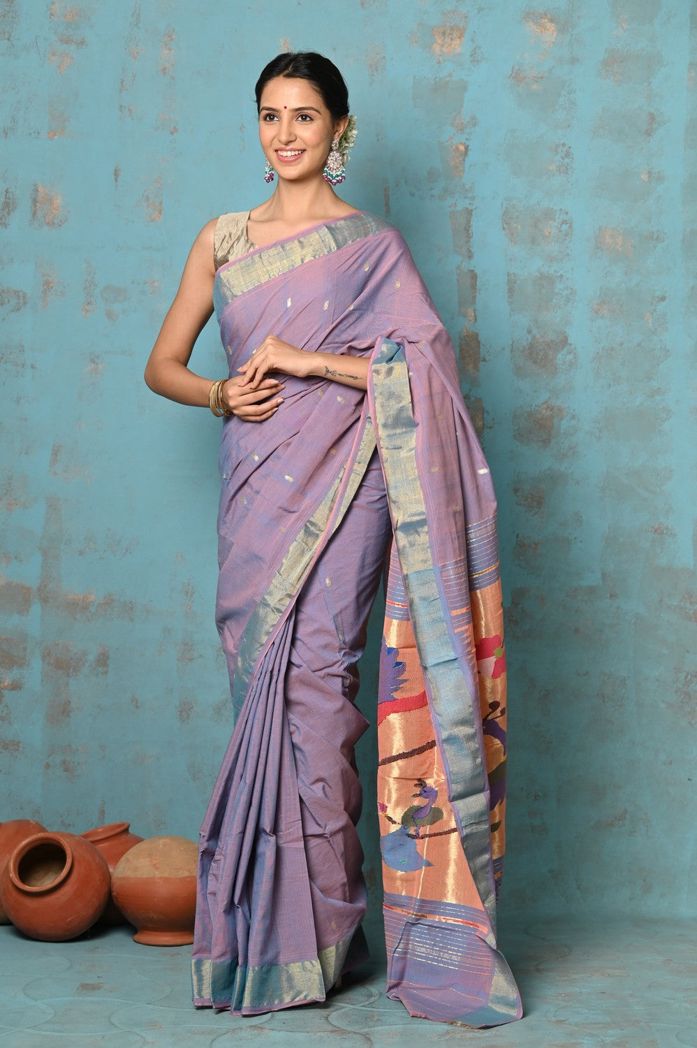 Very Much Indian Tyohaar - Handloom Pure Cotton Paithani With Parrot Peacock Pallu- Dual Tone Sky Blue & Purple | Grocsy