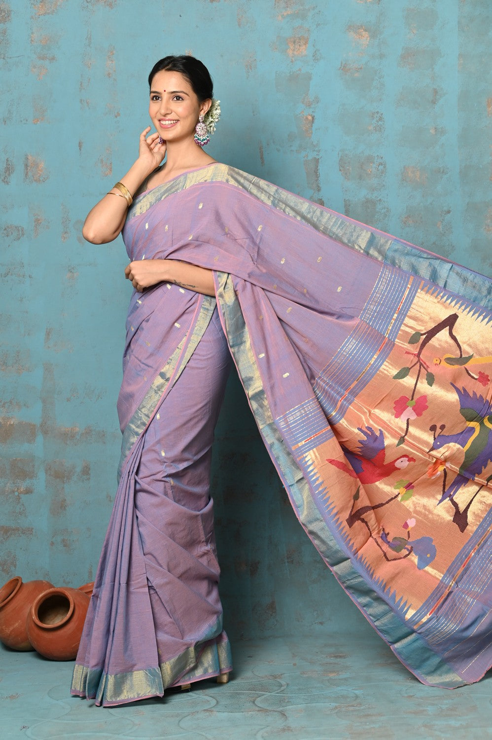 Very Much Indian Tyohaar - Handloom Pure Cotton Paithani With Parrot Peacock Pallu- Dual Tone Sky Blue & Purple | Grocsy