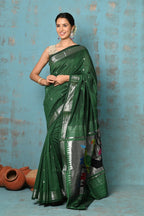 Very Much Indian Tyohaar - Handloom Pure Cotton Paithani With Parrot Pallu- Dark Green | Grocsy