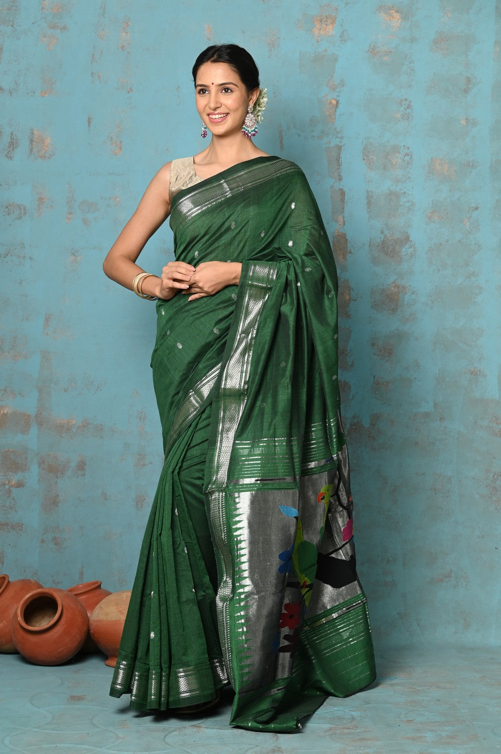 Very Much Indian Tyohaar - Handloom Pure Cotton Paithani With Parrot Pallu- Dark Green | Grocsy