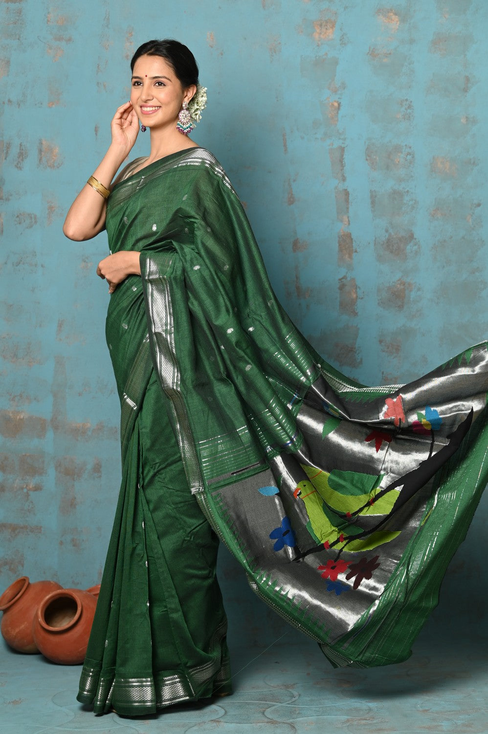 Very Much Indian Tyohaar - Handloom Pure Cotton Paithani With Parrot Pallu- Dark Green | Grocsy
