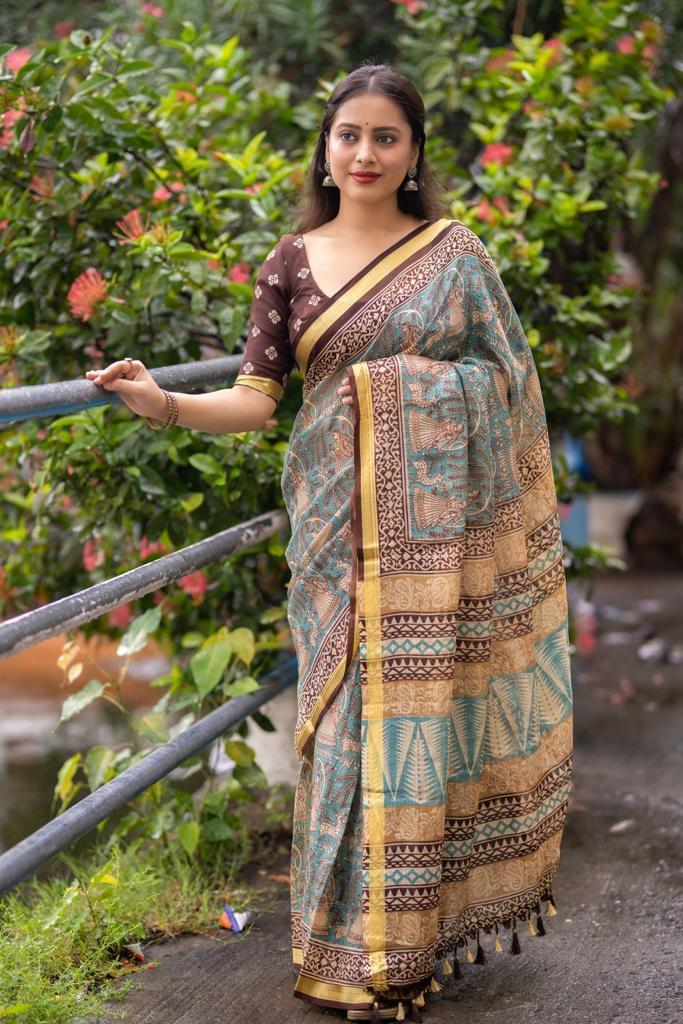Grey Silk Blend Geometric Saree with Unstitched Blouse - Hiral Fashion | Grocsy