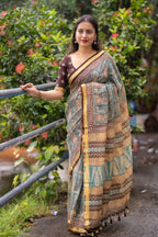 Grey Silk Blend Geometric Saree with Unstitched Blouse - Hiral Fashion | Grocsy