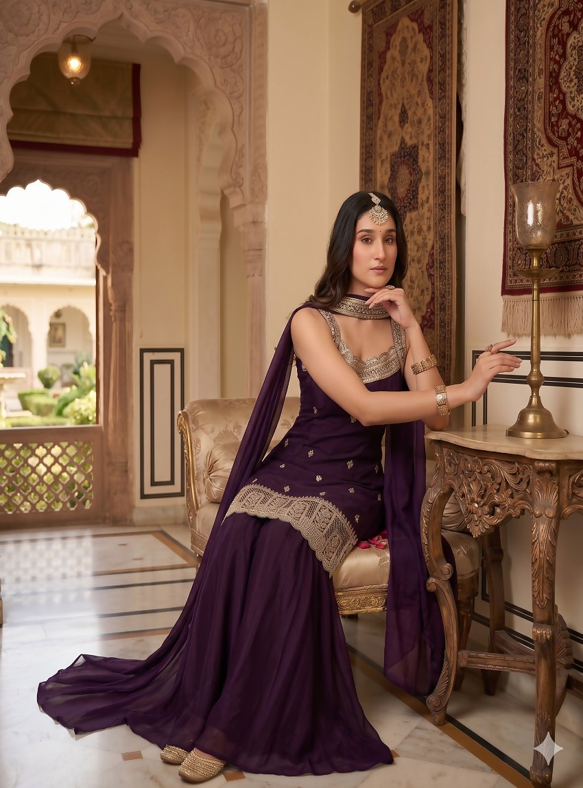 Teeya Creation Elegant Purple Ethnic Suit Set With Dupatta | Grocsy