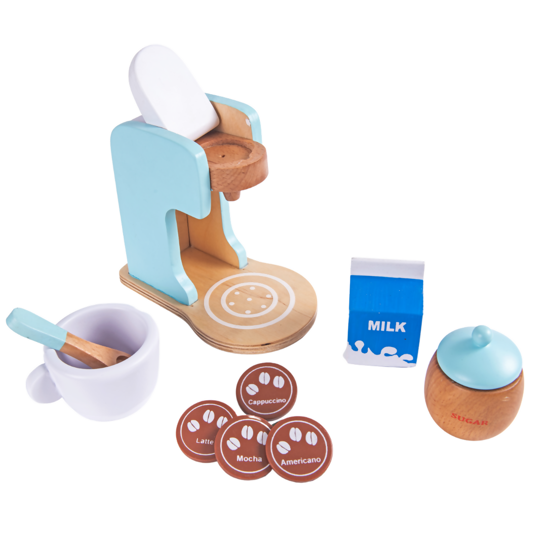 Nesta Toys Wooden Coffee Maker Toy (Blue), Kitchen Cooking Toy, Pretend Play (3+ Years) - 9 Pcs | Grocsy