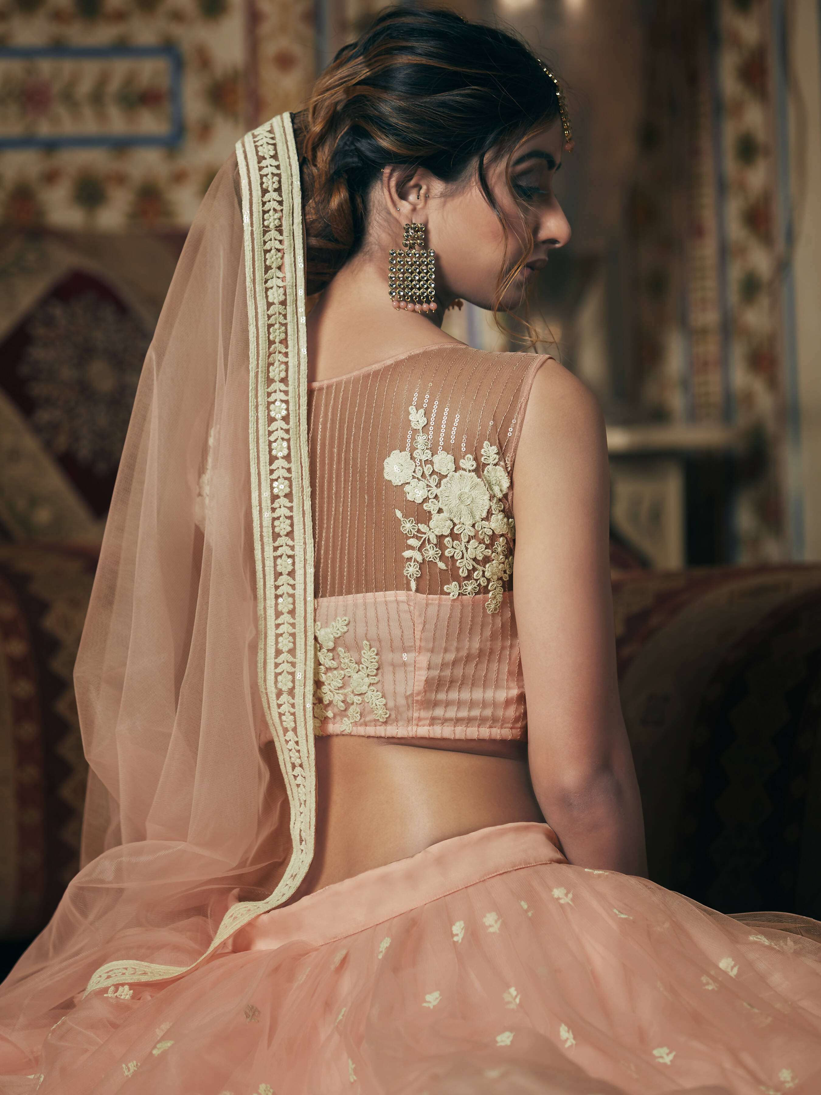 Wedding Designer Sequene Zari Resham Embroidery Peach Net Lahengha Choli - Anbazaar | Grocsy