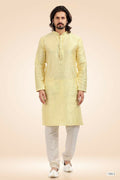 Raivat Ethnic Jacquard Banarasi Silk Pintux Work Kurta Pajama In Lemon Colour | Grocsy
