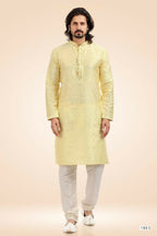 Raivat Ethnic Jacquard Banarasi Silk Pintux Work Kurta Pajama In Lemon Colour | Grocsy
