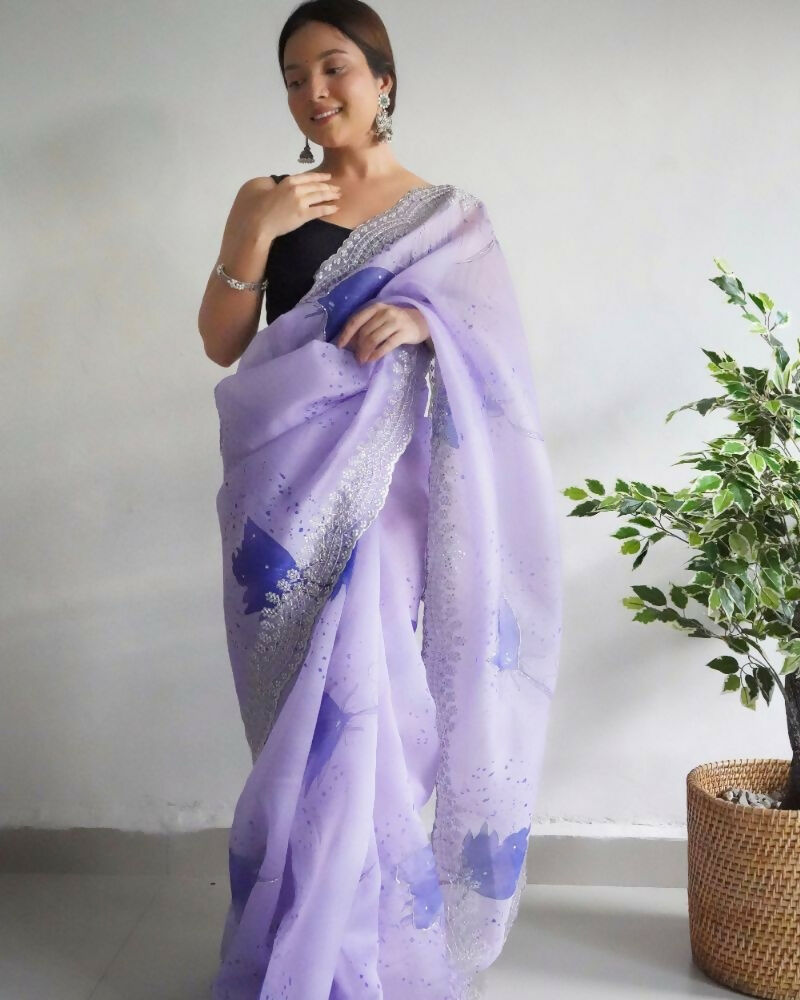 Vamsee Shirovastra Print Lavender Organza Saree | Grocsy