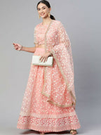 Peach Soft Net Thread Embroidery Work Lehenga Choli - Jihu Culture | Grocsy