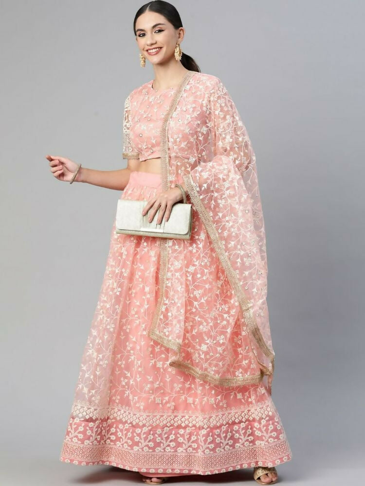 Peach Soft Net Thread Embroidery Work Lehenga Choli - Jihu Culture | Grocsy
