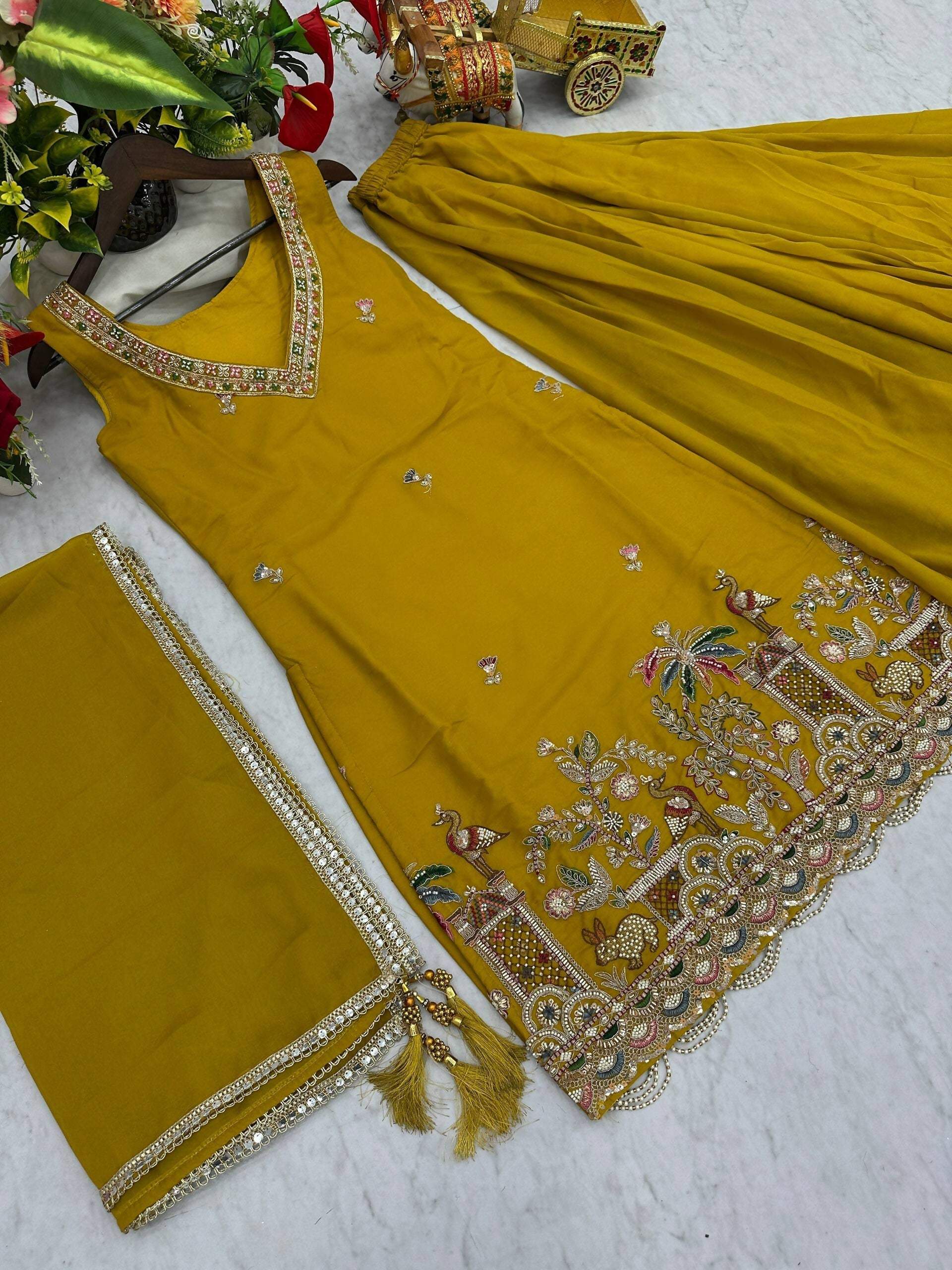 Teeya Creation Womens New Stylish Moti Beads With Cording Sequence Thread Embroidery Work Yellow Kurta Set | Grocsy