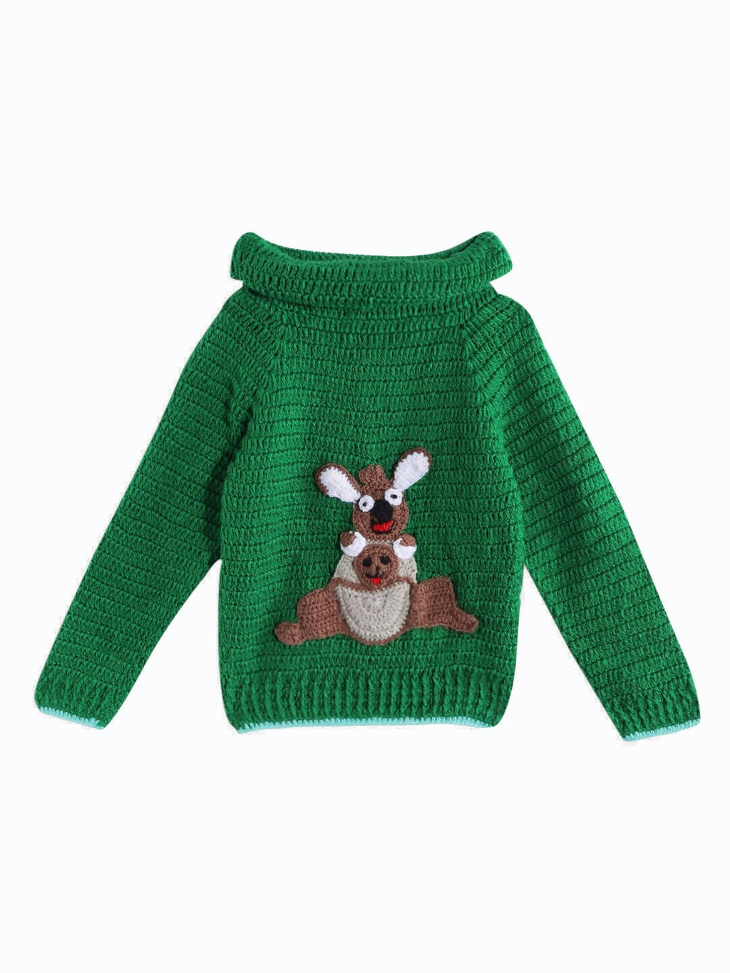Chutput Kids Woollen Hand Knitted Full Sleeves Kangaroo Detail Cardigan For Baby Boys - Green | Grocsy