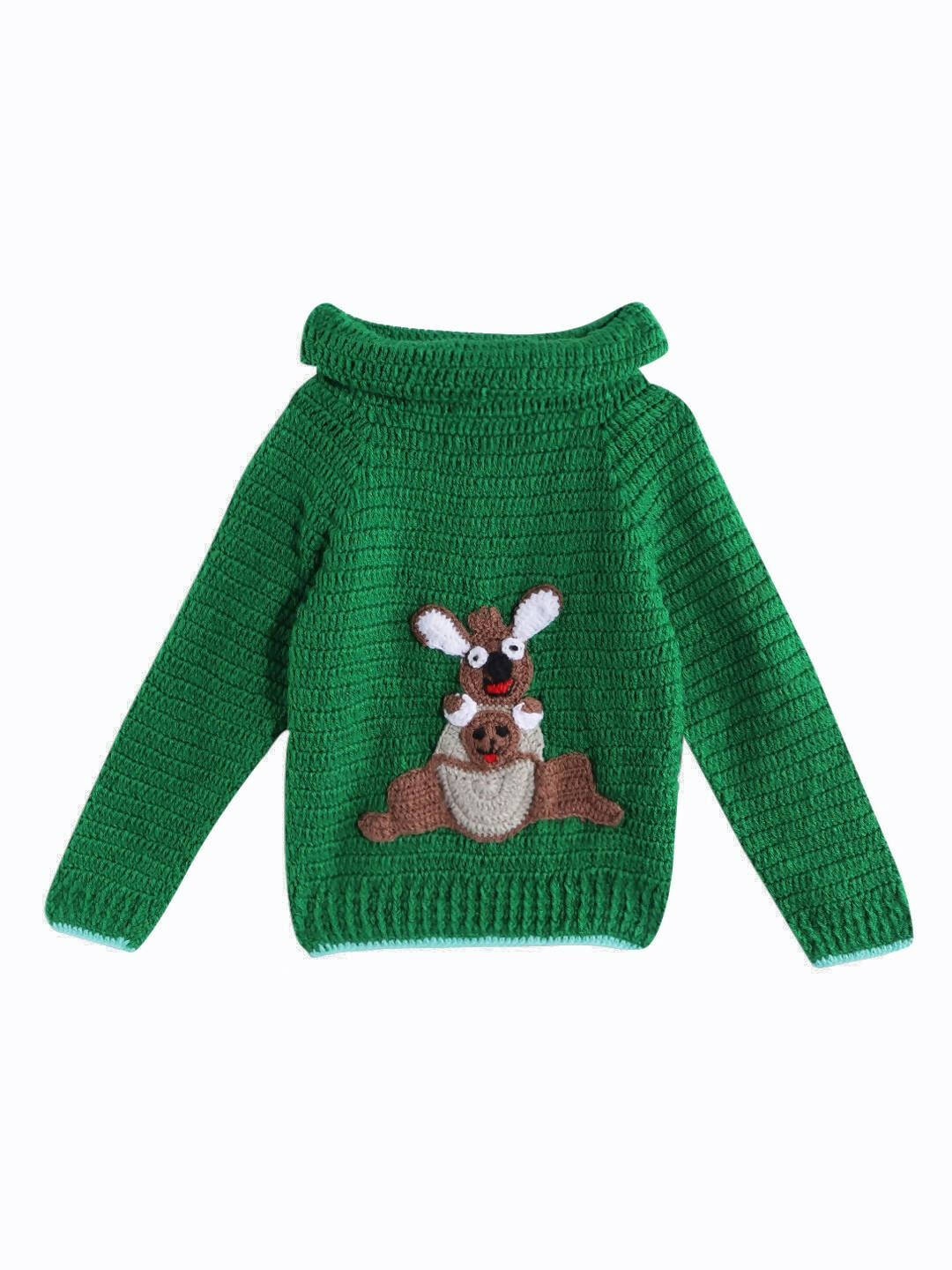 Chutput Kids Woollen Hand Knitted Full Sleeves Kangaroo Detail Cardigan For Baby Boys - Green | Grocsy