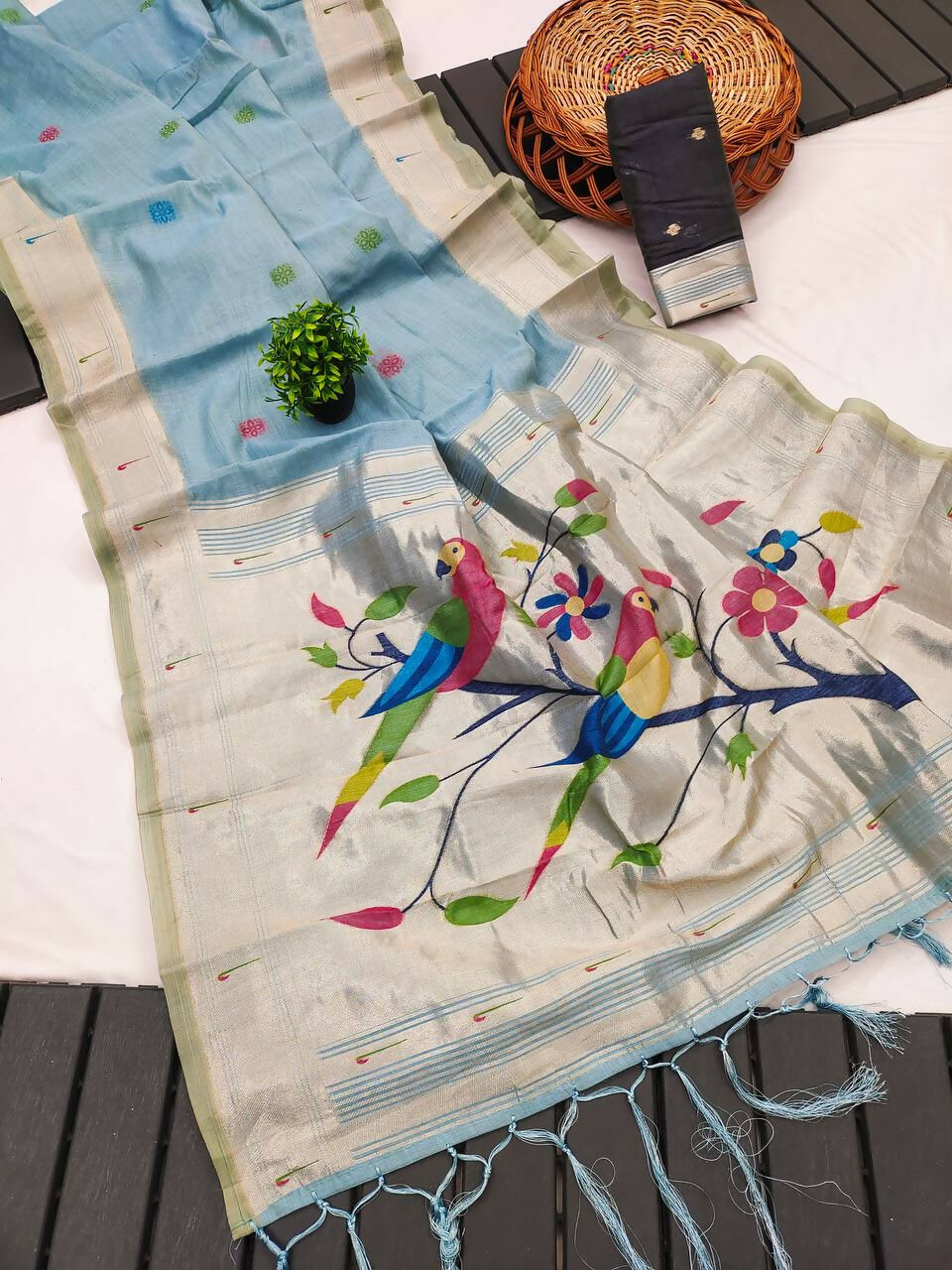 Vastranavya Sky Blue Muga Cotton Meenakari & Munia Weaving Pallu Saree with Contrast Blouse | Grocsy